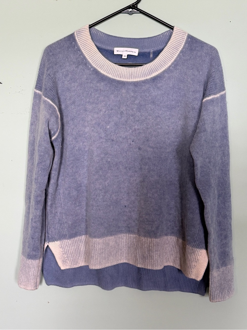 White + Warren Light Blue and White Crewneck Sweater